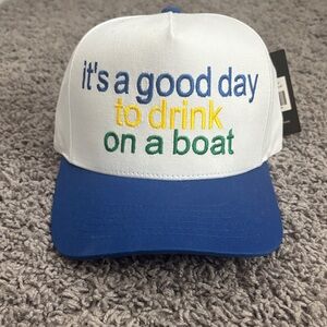 White and Royal Blue Trucker Hat - "it's a good day to drink on a boat"